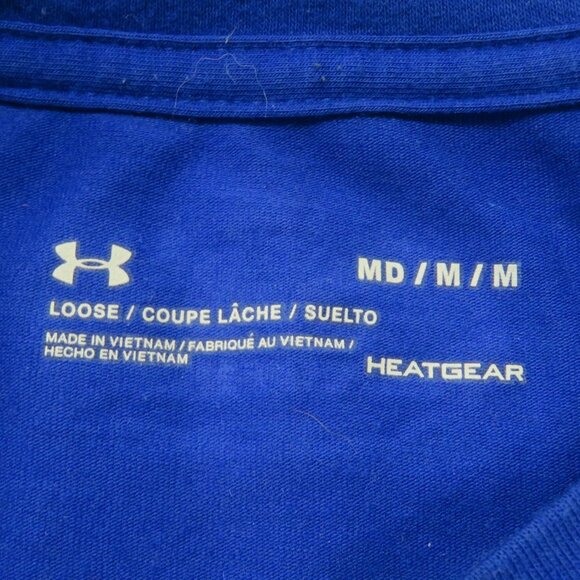 Under Armour T-Shirt Mens Medium Blue Big Logo Loose Heatgear Short Sleeve Tee - Picture 3 of 4
